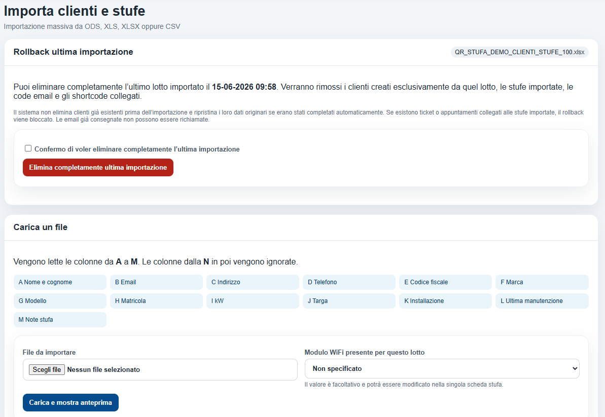 Importazione clienti e stufe da Excel CSV ODS XLS XLSX