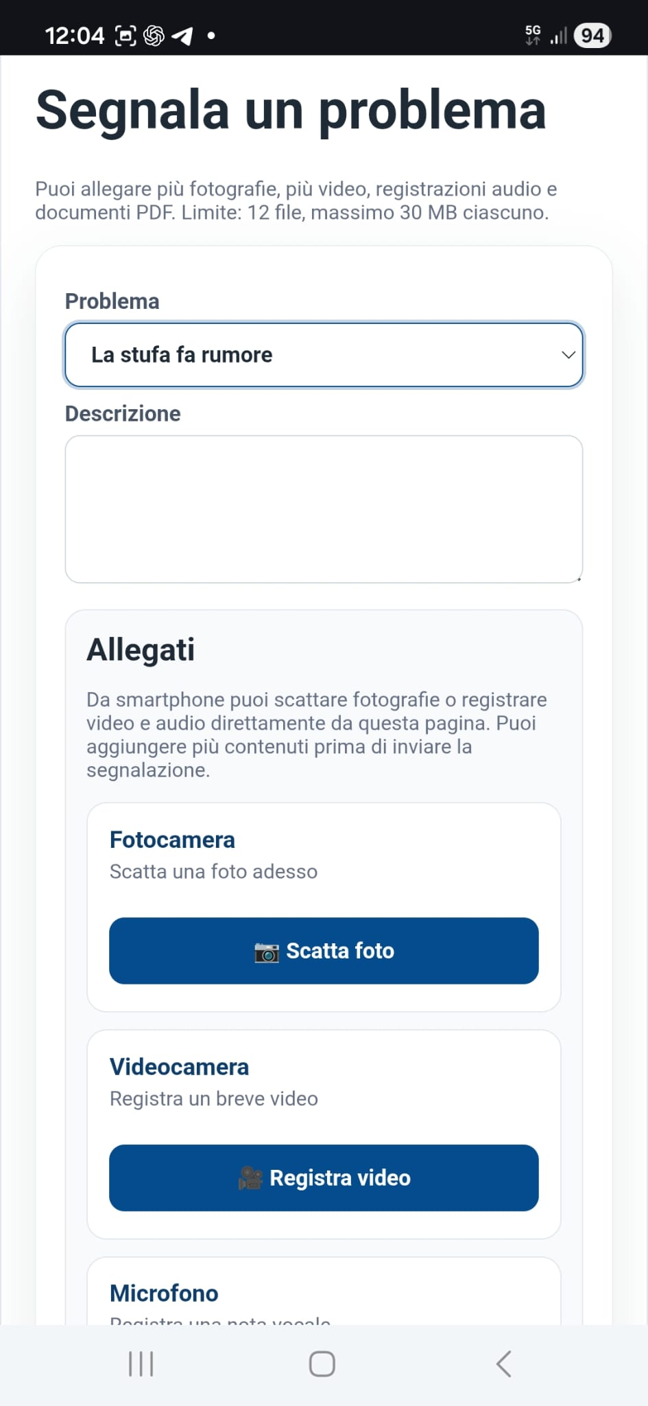 Segnalazione problema con allegati foto video audio e PDF