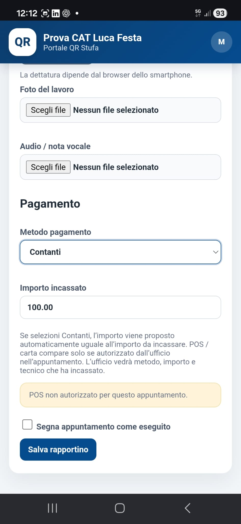 Rapportino tecnico da smartphone con foto audio e pagamento