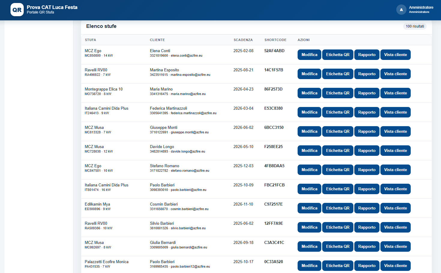 Elenco stufe installate con etichetta QR e vista cliente
